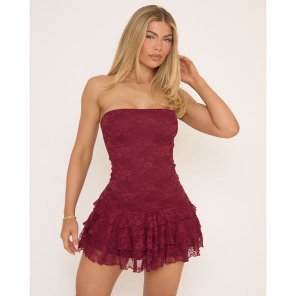 EGO Bandeau Frill Hem Mini Dress In Burgundy Lace, Women's Size UK 10 - 2
