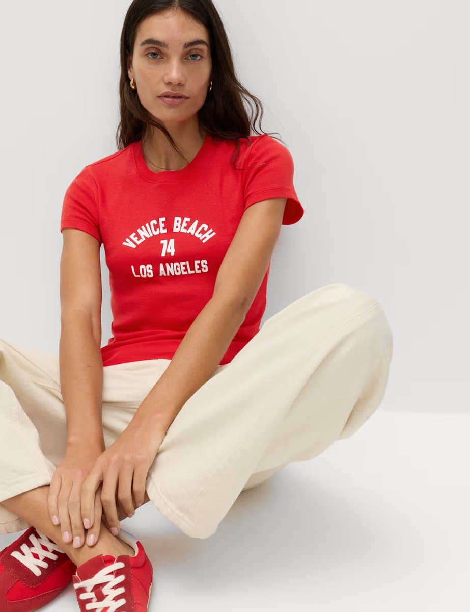 Marks & Spencer M&S Retro Venice Beach Print Slim Fit T-Shirt in Red Mix