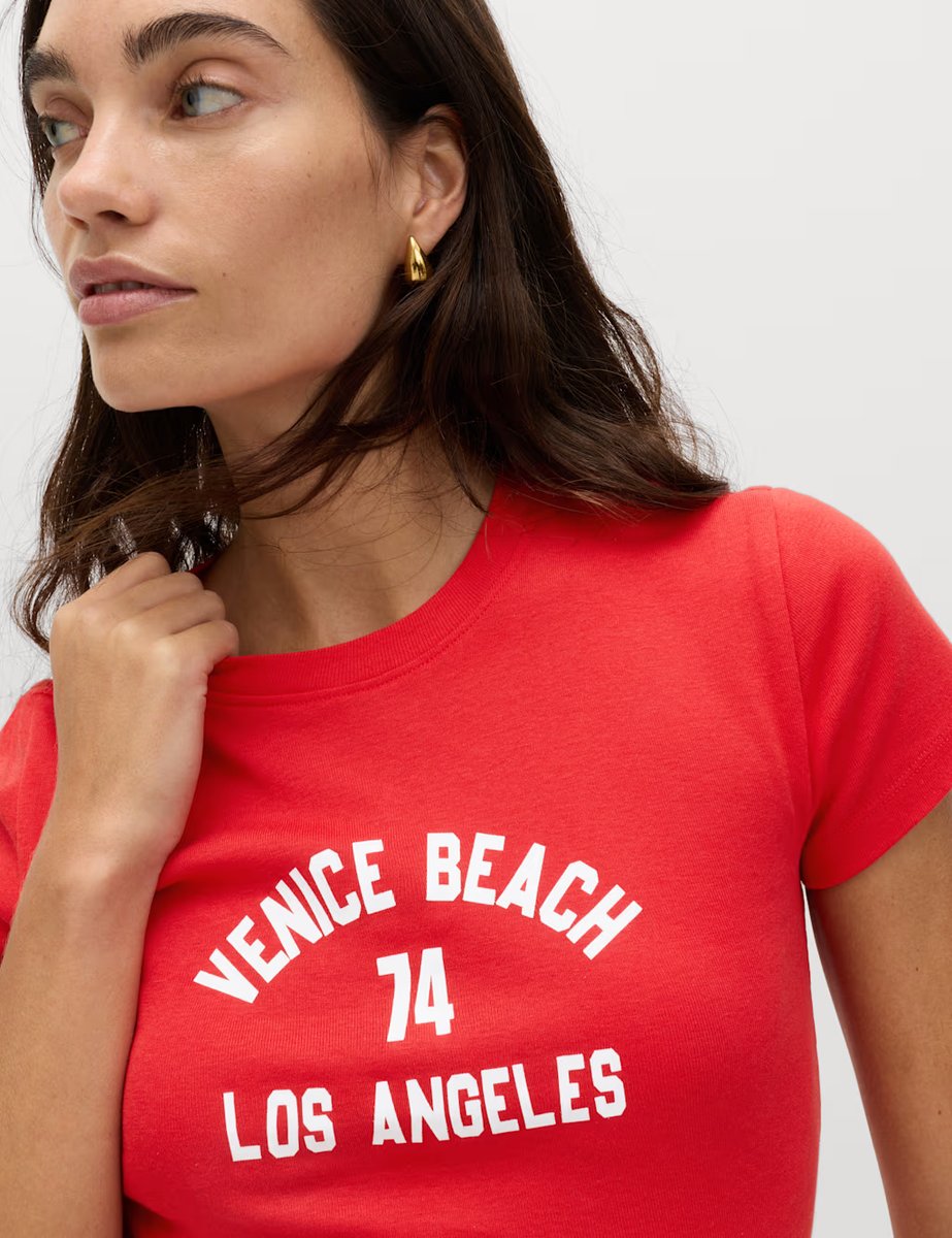 Marks & Spencer M&S Pure Cotton Slogan Slim Fit T-Shirt Red Mix - 2