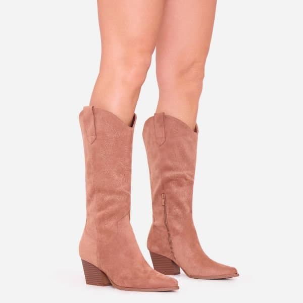 EGO EGO Cowboy Boots with Embroidery in Tan Brown Faux Suede