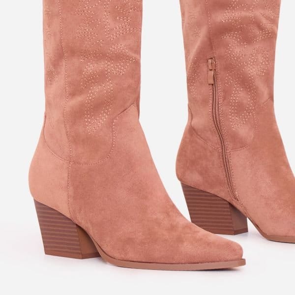 EGO Paddle Embroidered Detail Pointed Toe Mid Calf Western Cowboy Boot In Tan Brown Faux Suede, Women's Size UK 3 - 2