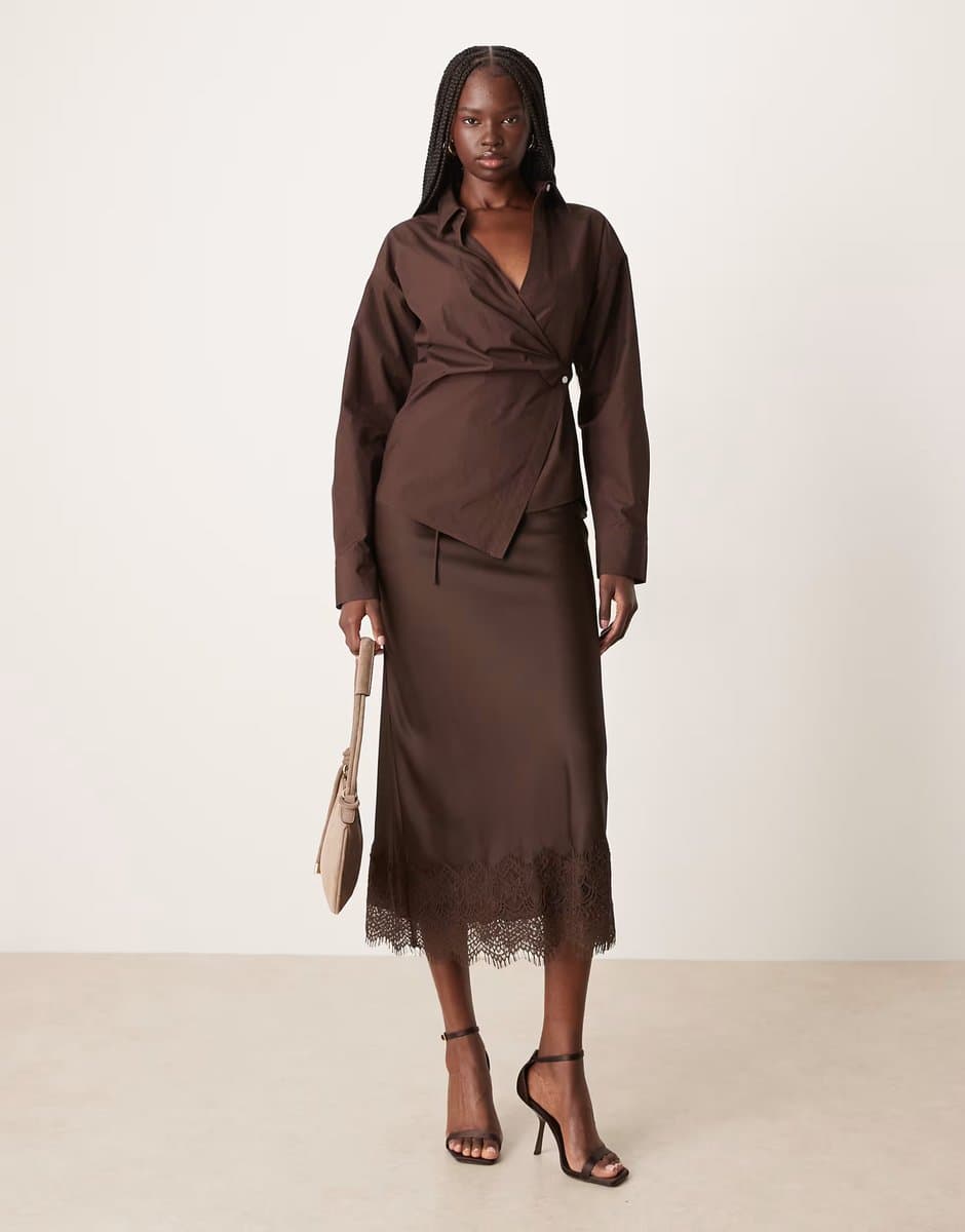 ASOS Vila lace trim satin maxi skirt in chocolate brown