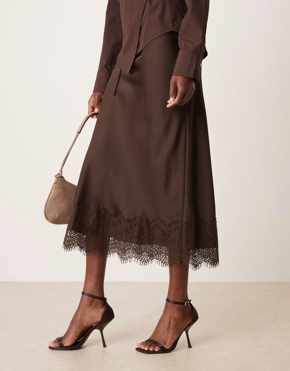 ASOS Vila lace trim satin maxi skirt in chocolate brown - 2