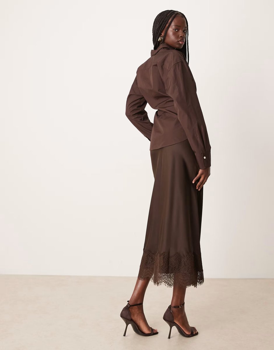 ASOS Vila lace trim satin maxi skirt in chocolate brown - 4