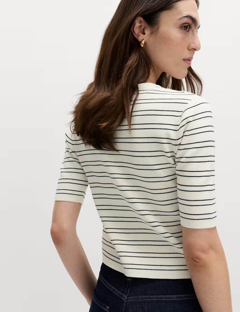 Marks & Spencer M&S Striped Crew Neck Cropped Cardigan Midnight Navy - 4