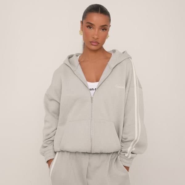 EGO Oversized Contrast Stripe Side Essential Graphic Hoodie In Grey, Women's Size UK 4
