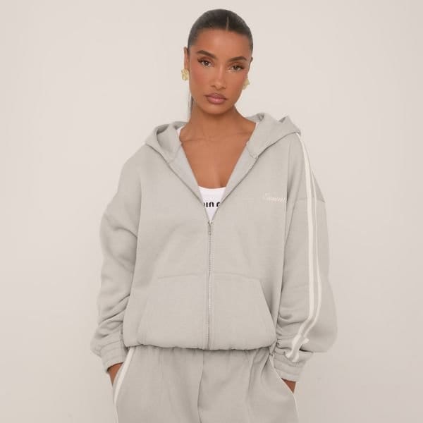 EGO Oversized Contrast Stripe Side Essential Graphic Hoodie In Grey, Women's Size UK 4 - 1