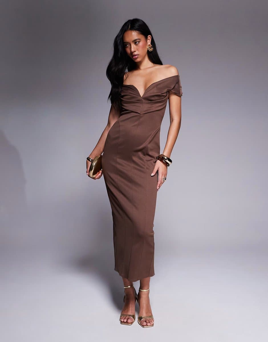 ASOS ASOS DESIGN sculpted bardot midi pencil dress with seam detailing in chocolate