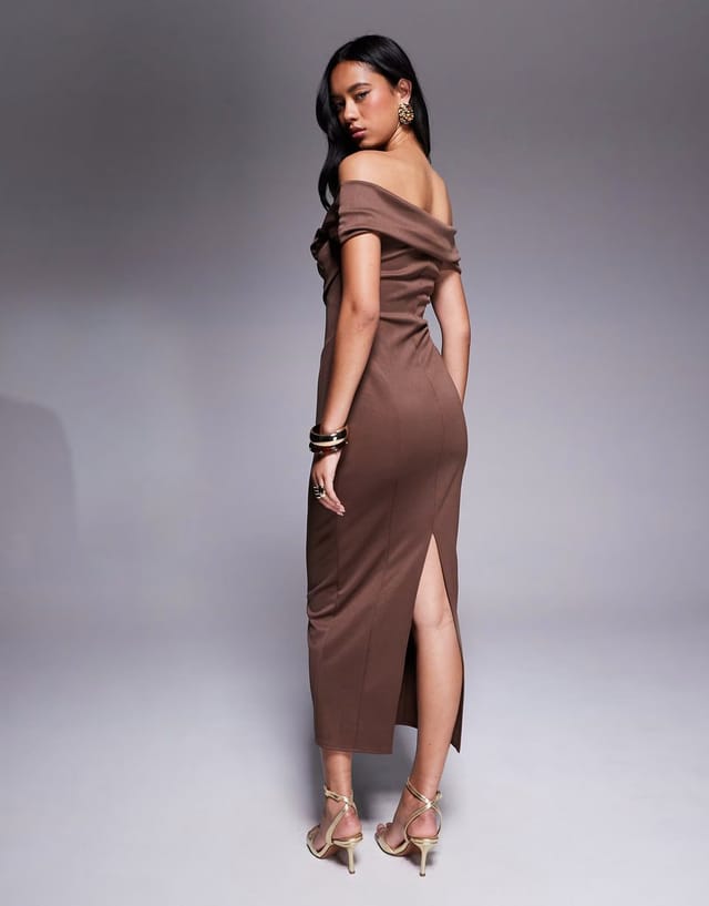 ASOS ASOS DESIGN sculpted bardot midi pencil dress with seam detailing in chocolate - 3