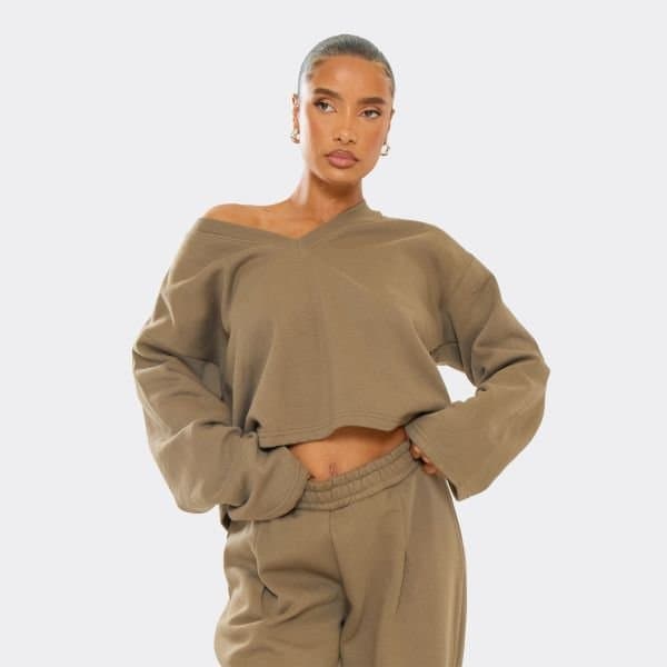 EGO EGO V Neck Long Sleeve Sweatshirt in Washed Khaki