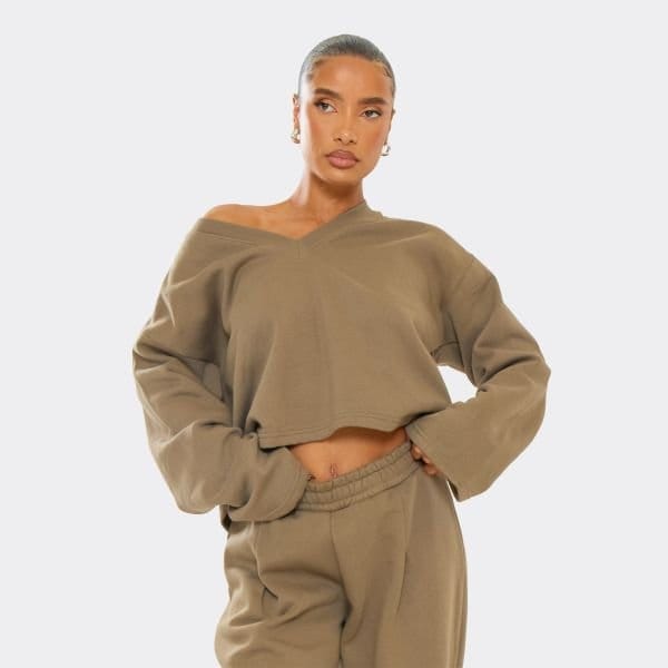 EGO V Neck Long Sleeve Sweatshirt In Washed Khaki, Women's Size UK 6 - 1