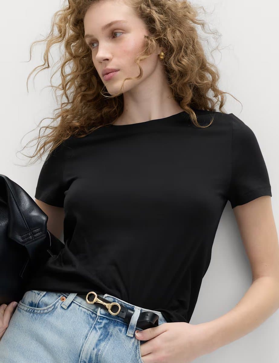 Marks & Spencer M&S Pure Cotton Crew Neck T-Shirt in Black