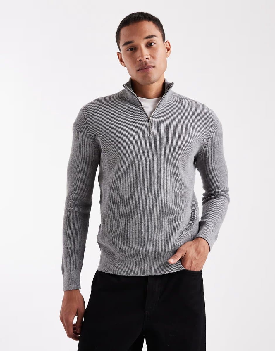 ASOS ONLY & SONS ribbed half zip jumper in grey