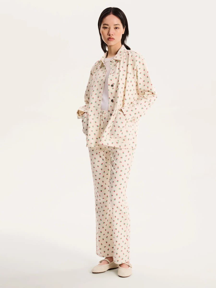 OMNES OMNES Oversized Rose Print Denim Jacket in White