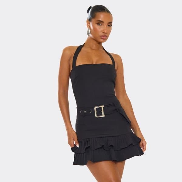 EGO Halterneck Belt Detail Pleated Hem Mini Dress In Black, Women's Size UK 6