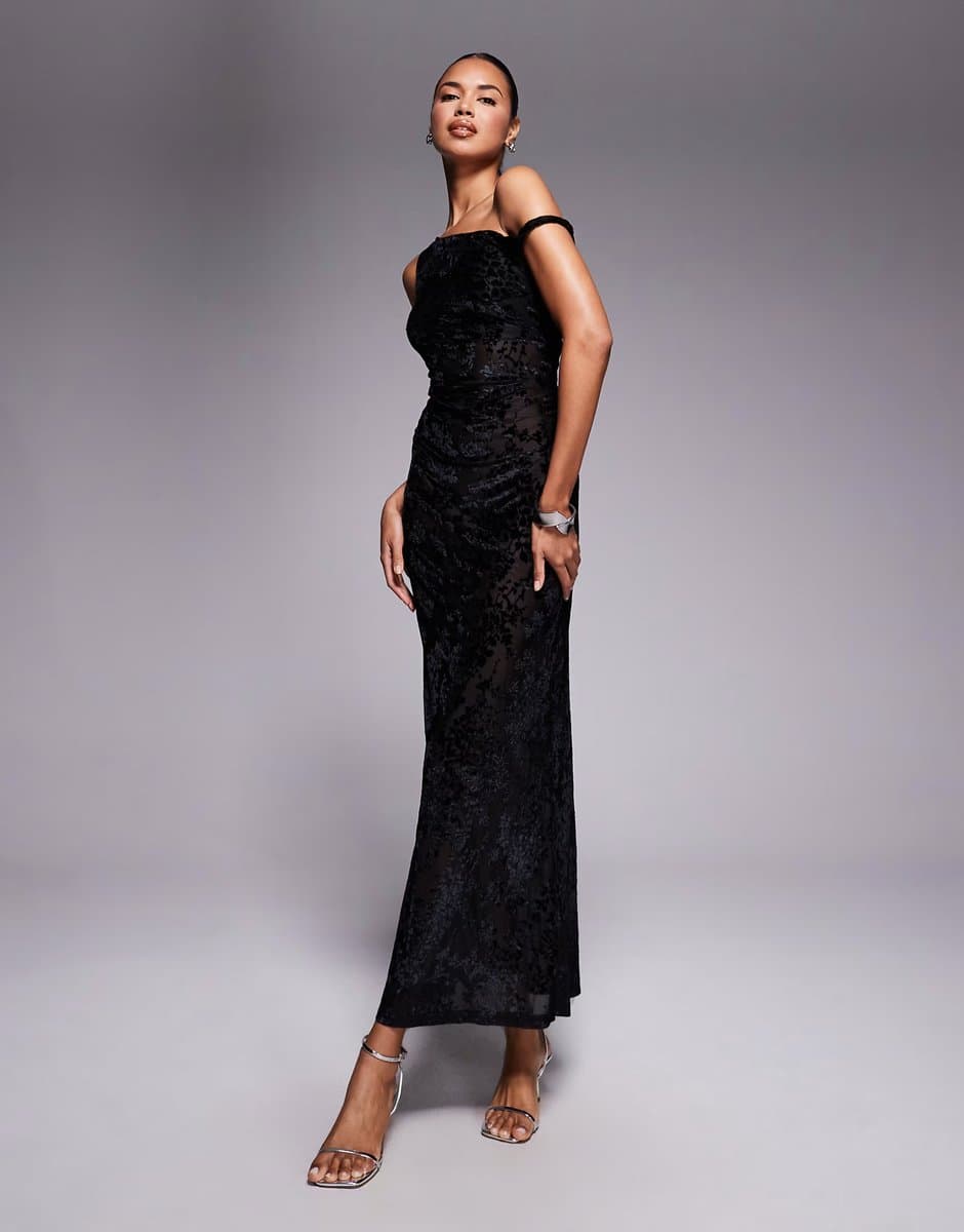 ASOS Kaiia exclusive devore off shoulder twist maxi dress in black