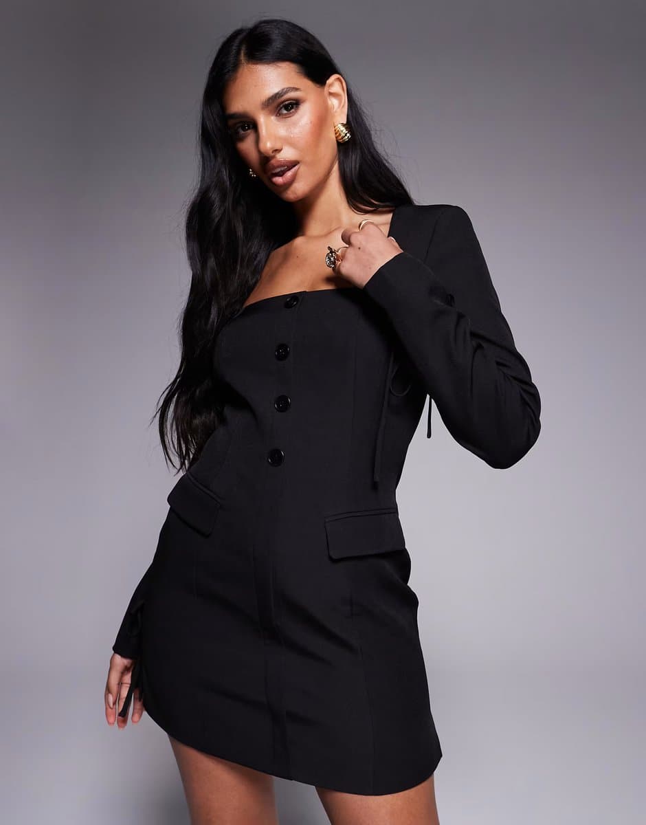 ASOS Kaiia exclusive square neck bow cuff detail tailored blazer mini dress in black
