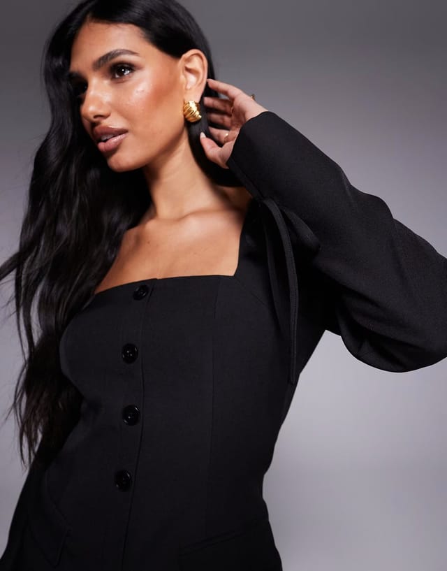 ASOS Kaiia exclusive square neck bow cuff detail tailored blazer mini dress in black - 3