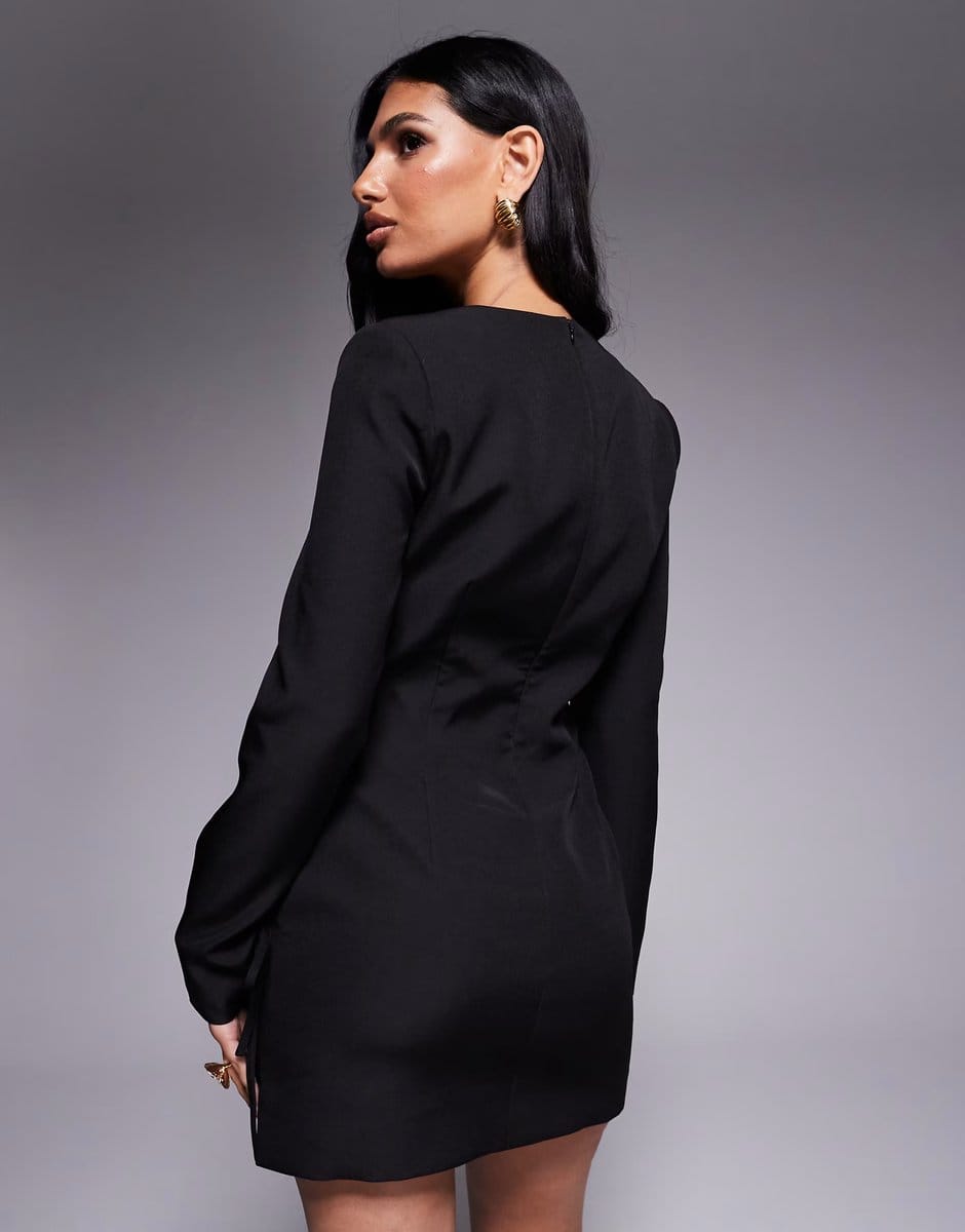 ASOS Kaiia exclusive square neck bow cuff detail tailored blazer mini dress in black - 4