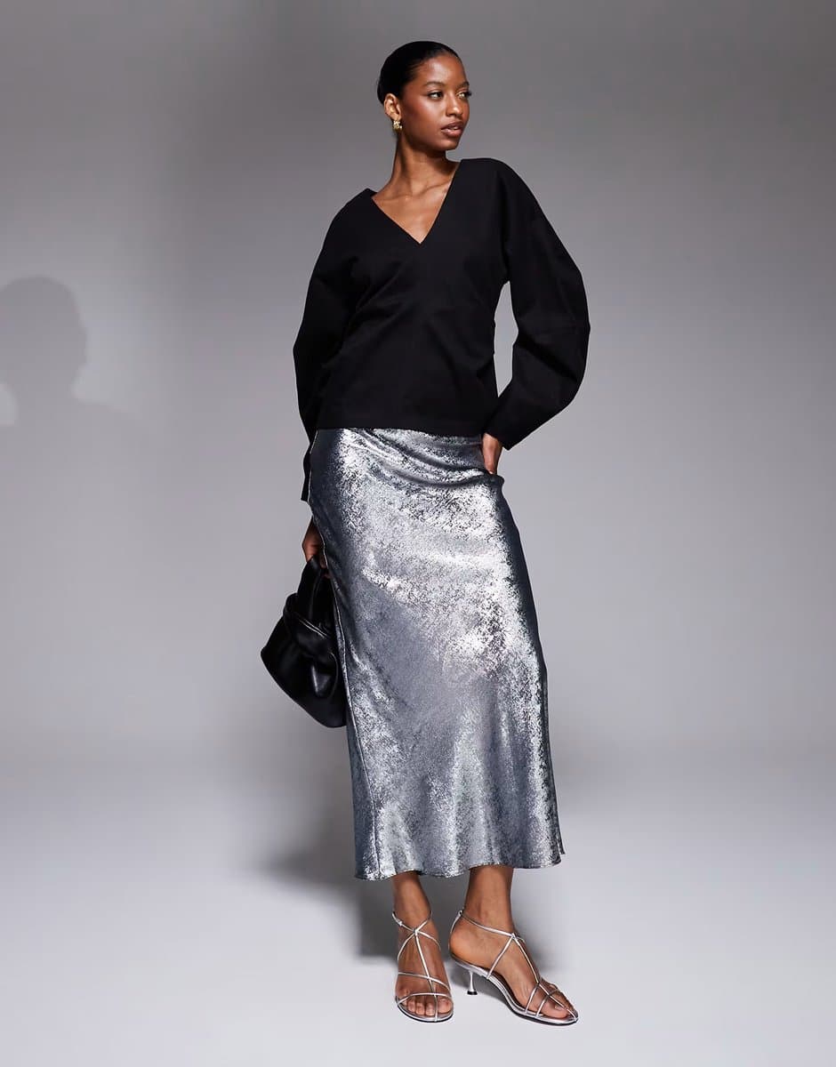 ASOS ASOS Foil Metallic Satin Midi Skirt in Silver