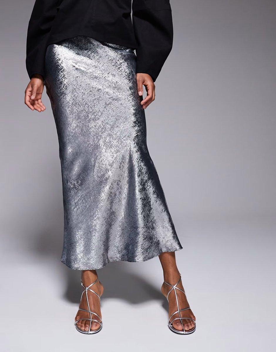 ASOS New Look foil metallic satin midi skirt in silver - 2