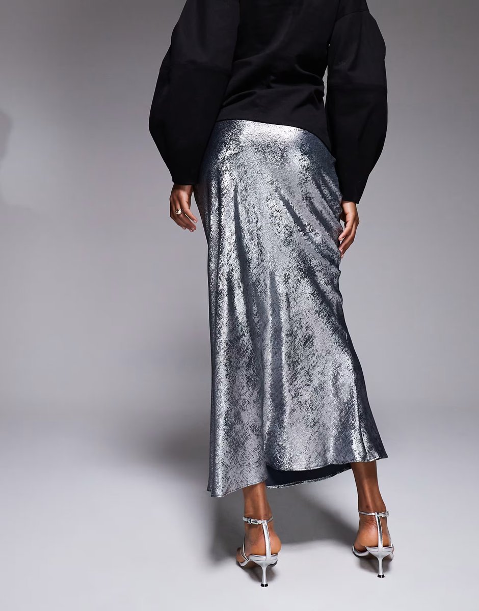 ASOS New Look foil metallic satin midi skirt in silver - 4