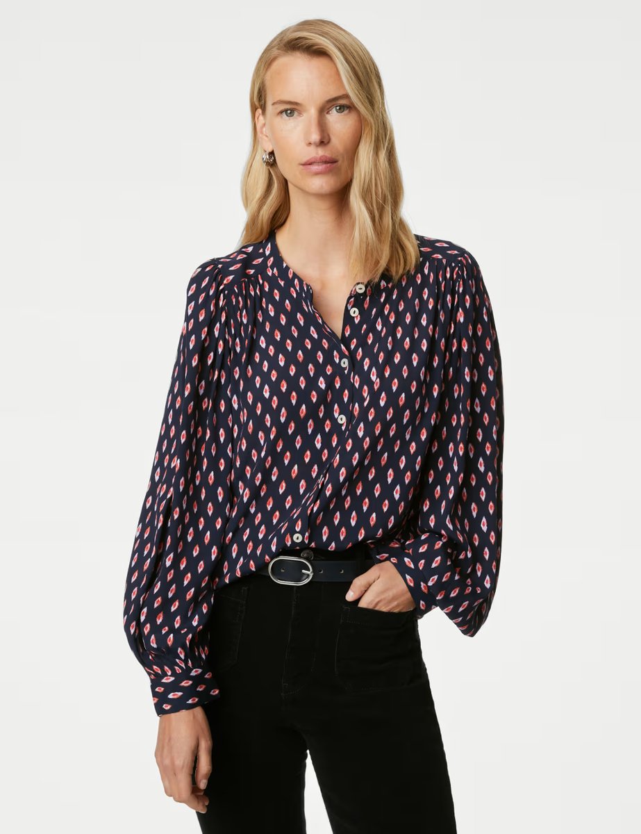 Marks & Spencer M&S Printed Longline Button Through Blouse Navy Mix - 2