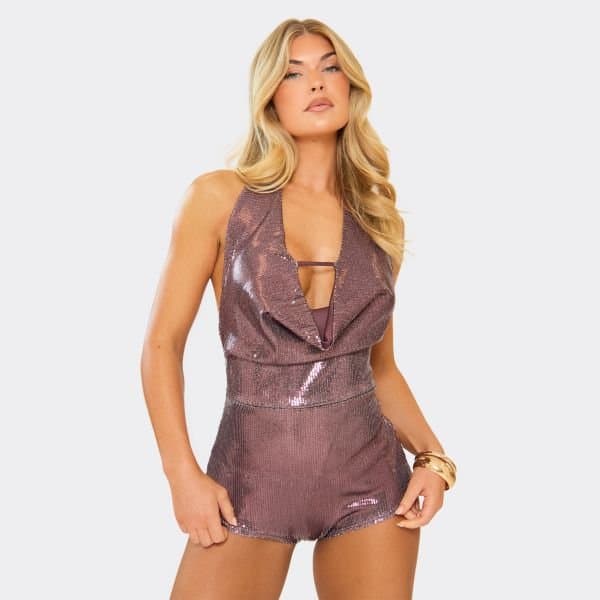 EGO Cowl Neck Micro Playsuit In Mauve Sequin, Women's Size UK 6