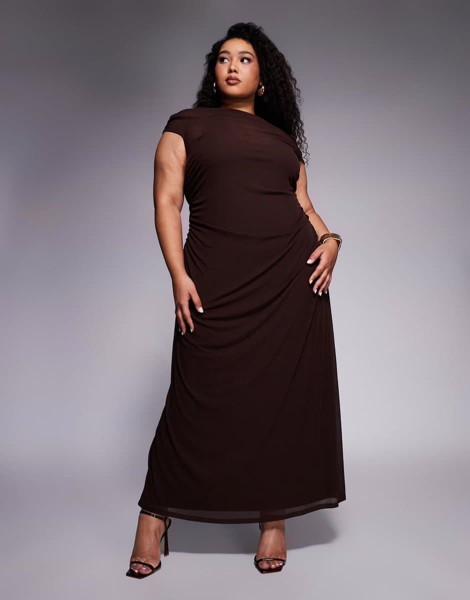 ASOS Forever New Curve Brooklyn double layered mesh midaxi dress in chocolate brown