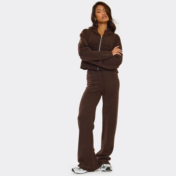 EGO High Waist Wide Leg Trousers In Chocolate Brown Knit, Women's Size UK Large L