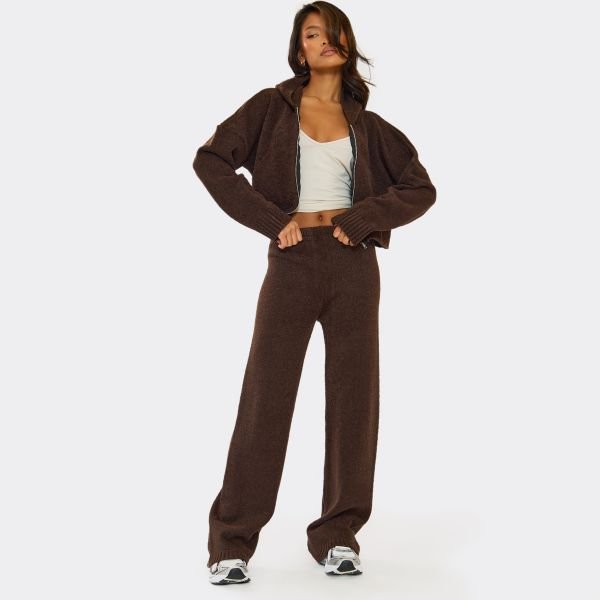 EGO High Waist Wide Leg Trousers In Chocolate Brown Knit, Women's Size UK Large L - 2