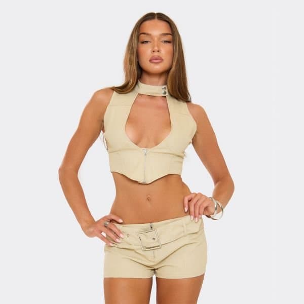 EGO Plunge Choker Zip Up Detail Crop Top In Cream, Women's Size UK 6