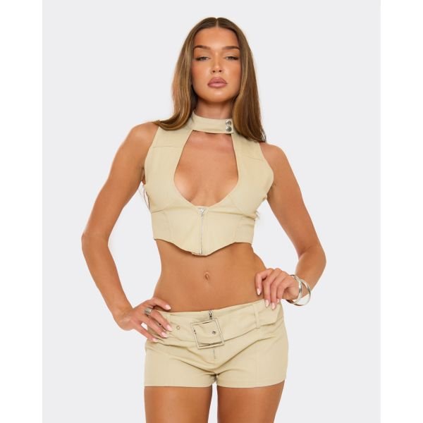 EGO Plunge Choker Zip Up Detail Crop Top In Cream, Women's Size UK 6 - 2