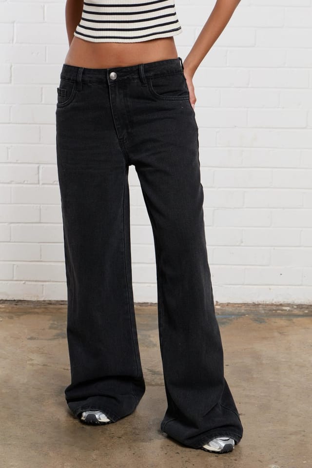 Kaiia Kaiia Denim Mid Rise Wide Leg Jeans Black - 2