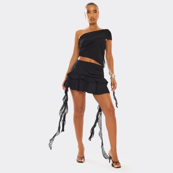 EGO Low Rise Frill Detail Mini Skirt In Black Mesh, Women's Size UK 6 - 1