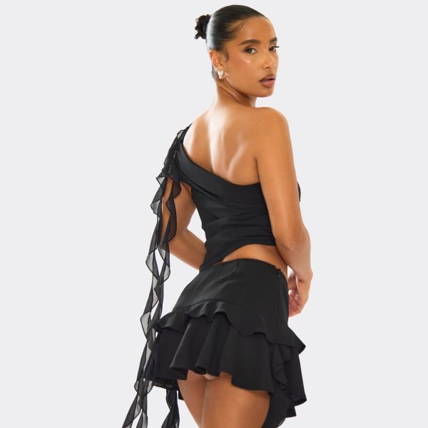 EGO Low Rise Frill Detail Mini Skirt In Black Mesh, Women's Size UK 6 - 2