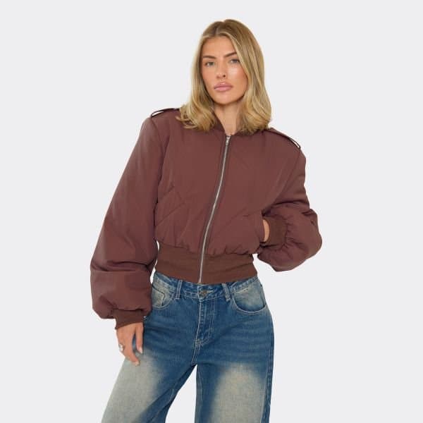 EGO EGO Long Sleeve Oversized Bomber Jacket in Chocolate Brown