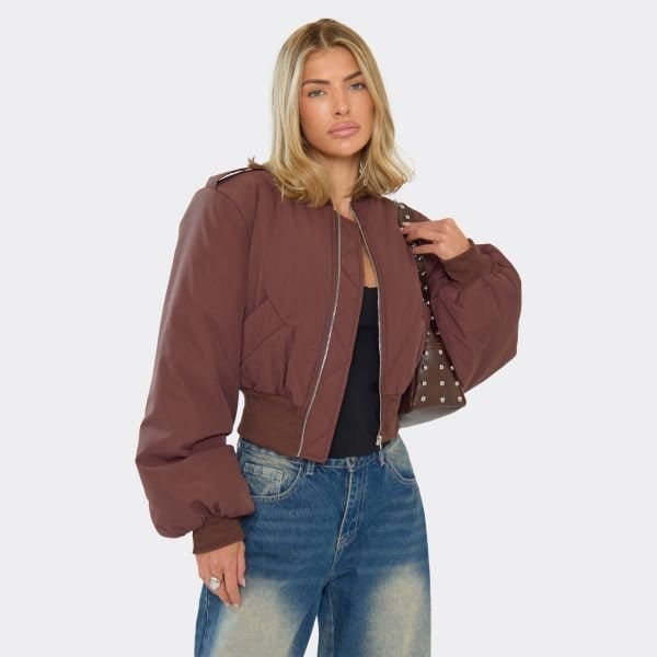 EGO Long Sleeve Oversized Padded Crop Bomber Jacket In Chocolate Brown, Women's Size UK 6 - 2