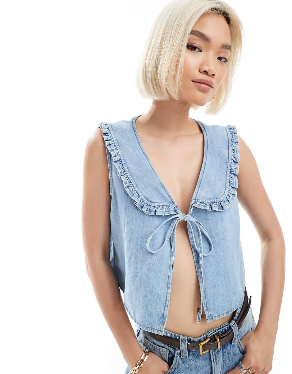 ASOS ASOS DESIGN tie front denim waistcoat with frilled collar