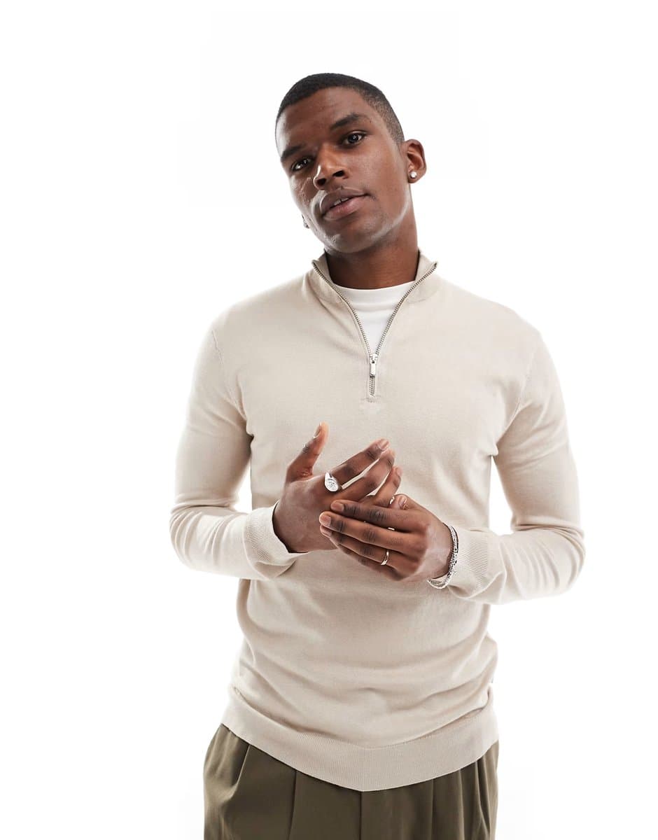 ASOS ONLY & SONS 1/4 zip jumper in stone