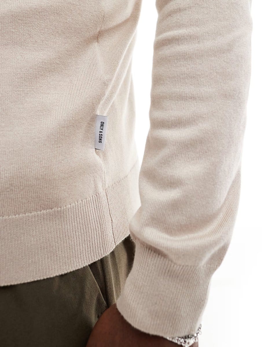 ASOS ONLY & SONS 1/4 zip jumper in stone - 4
