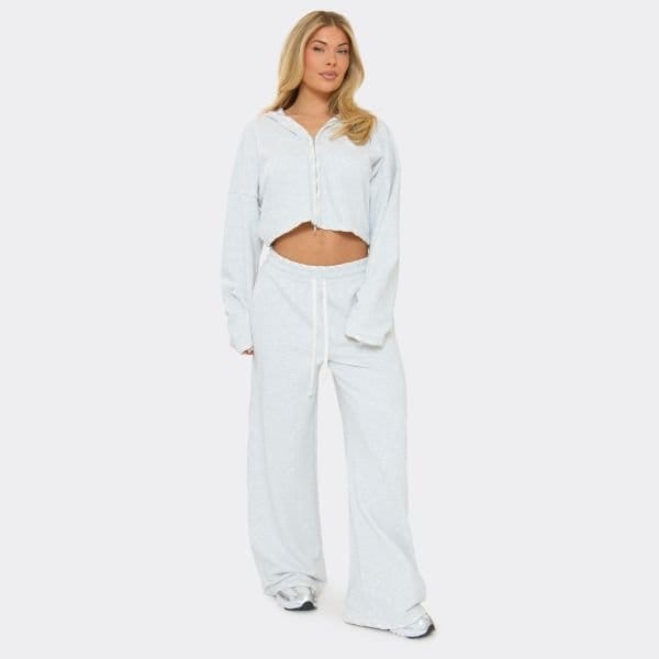 EGO Low Rise Drawstring Contrast Lace Up Detail Wide Leg Joggers In Light Grey Marl, Women's Size UK 6 - 1