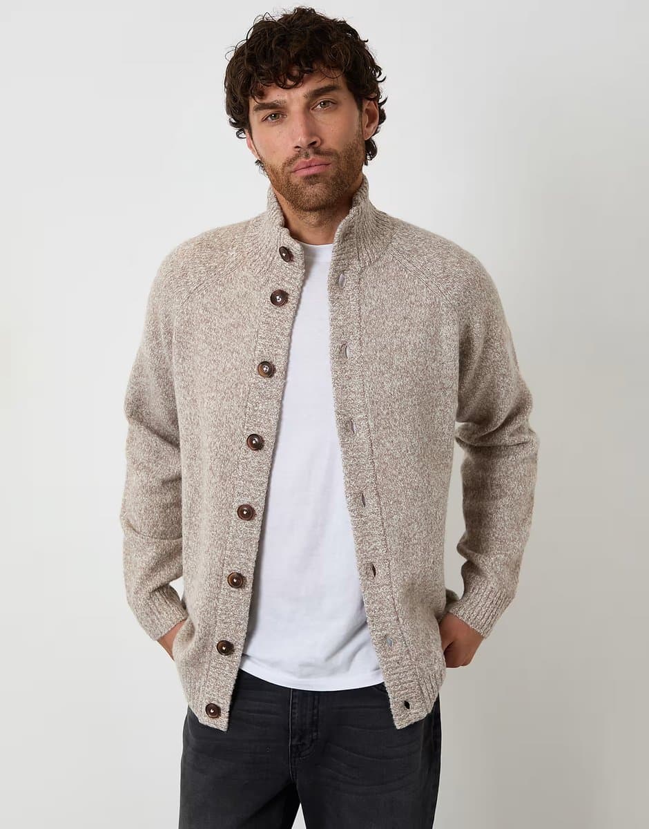 ASOS Threadbare Funnel neck button up knitted cardigan with wool in stone