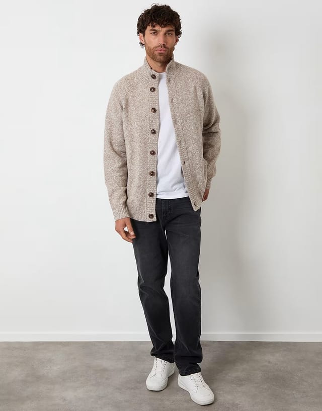 ASOS Threadbare Funnel neck button up knitted cardigan with wool in stone - 2