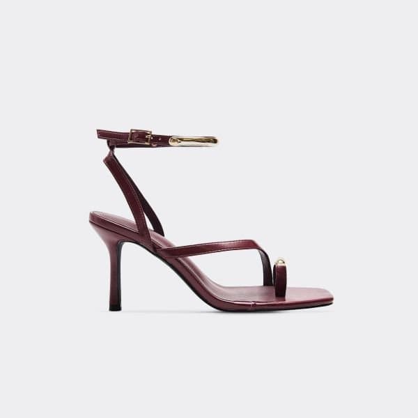 EGO Hazel Ankle Strap Gold Metal Detailing Stiletto Heel In Burgundy Faux Leather, Women's Size UK 3