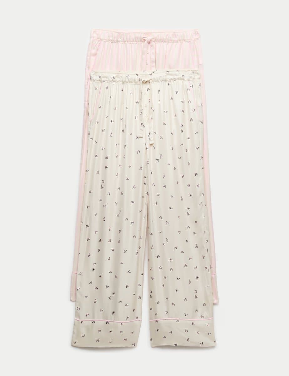 Marks & Spencer M&S 2 Pack Twill Wide Leg Pyjama Bottoms Pink Mix