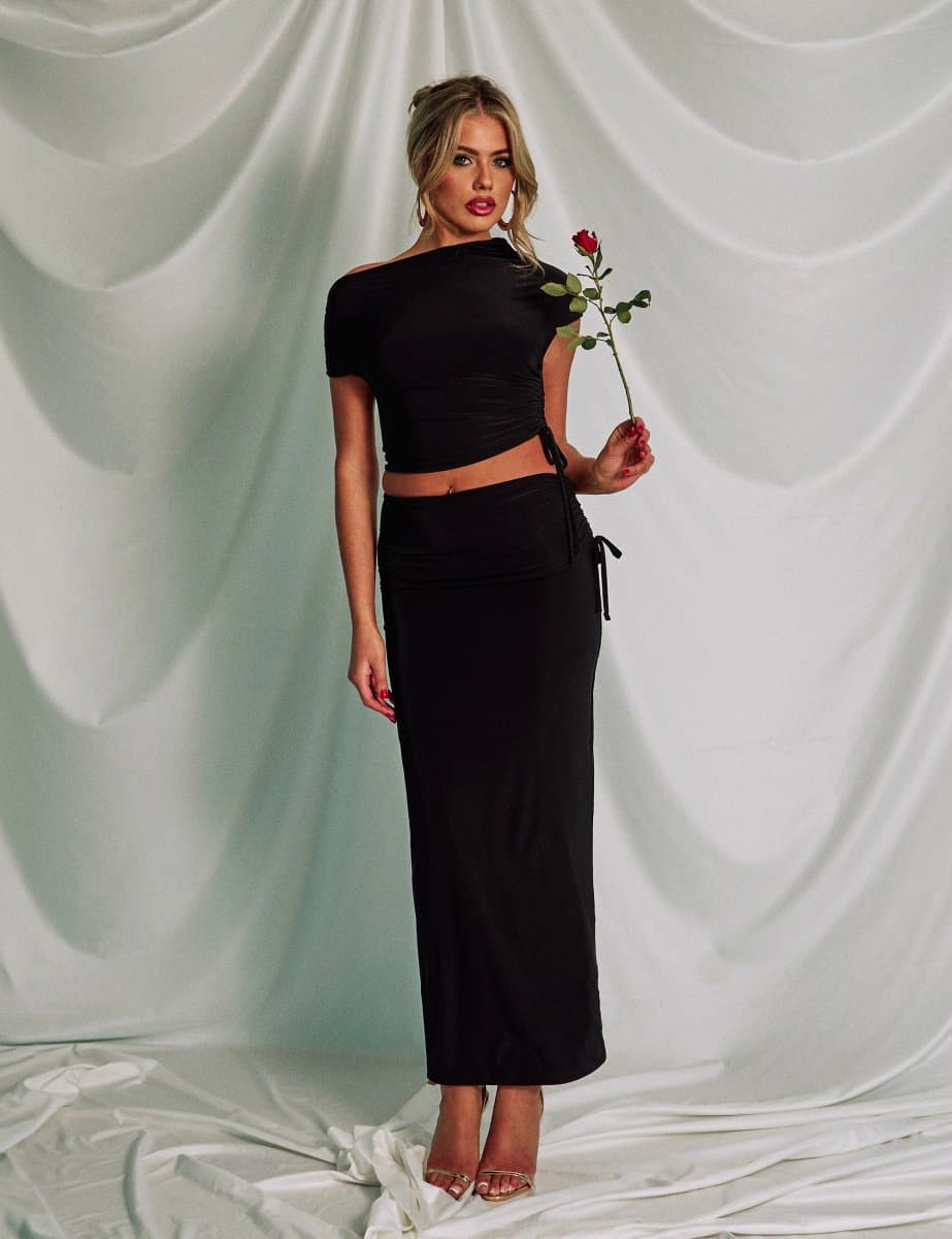 Public Desire Slinky Foldover Ruched Maxi Skirt Black