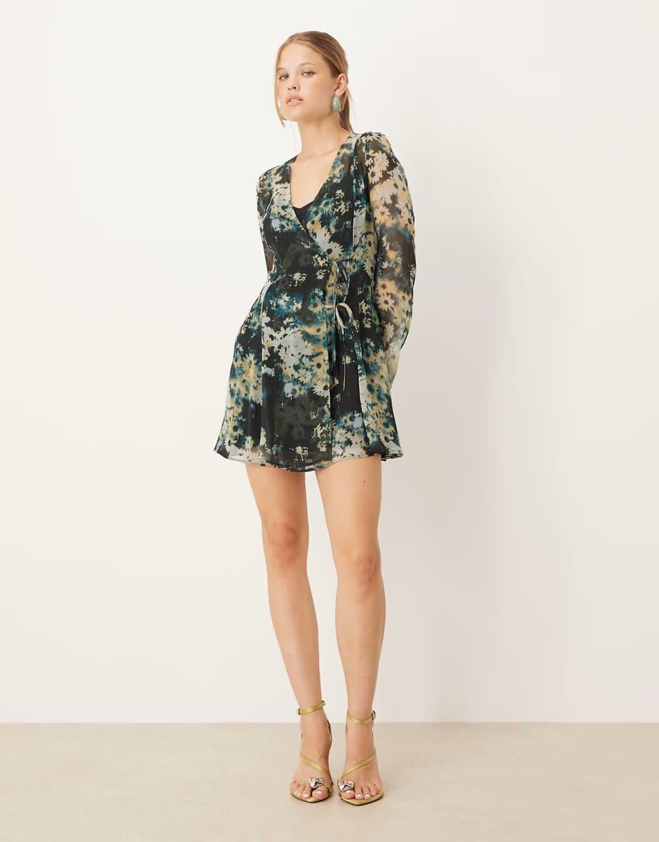 ASOS ASOS DESIGN wrap mini dress with ties in blurred blue floral