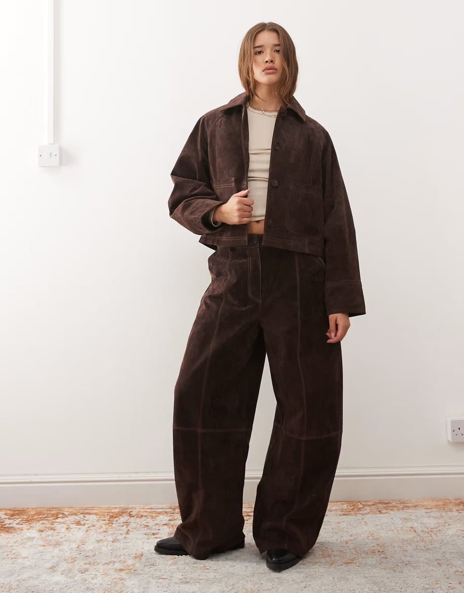 ASOS Reclaimed Vintage real suede barrell leg trouser co-ord with seam detail in chocolate brown