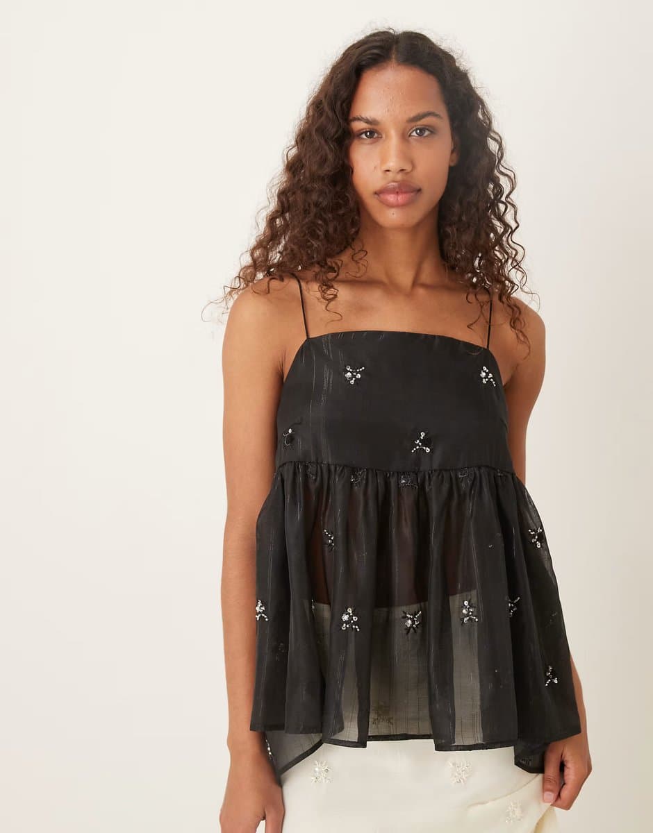 ASOS Sister Jane Lola semi sheer bow back detail babydoll cami top co-ord in black